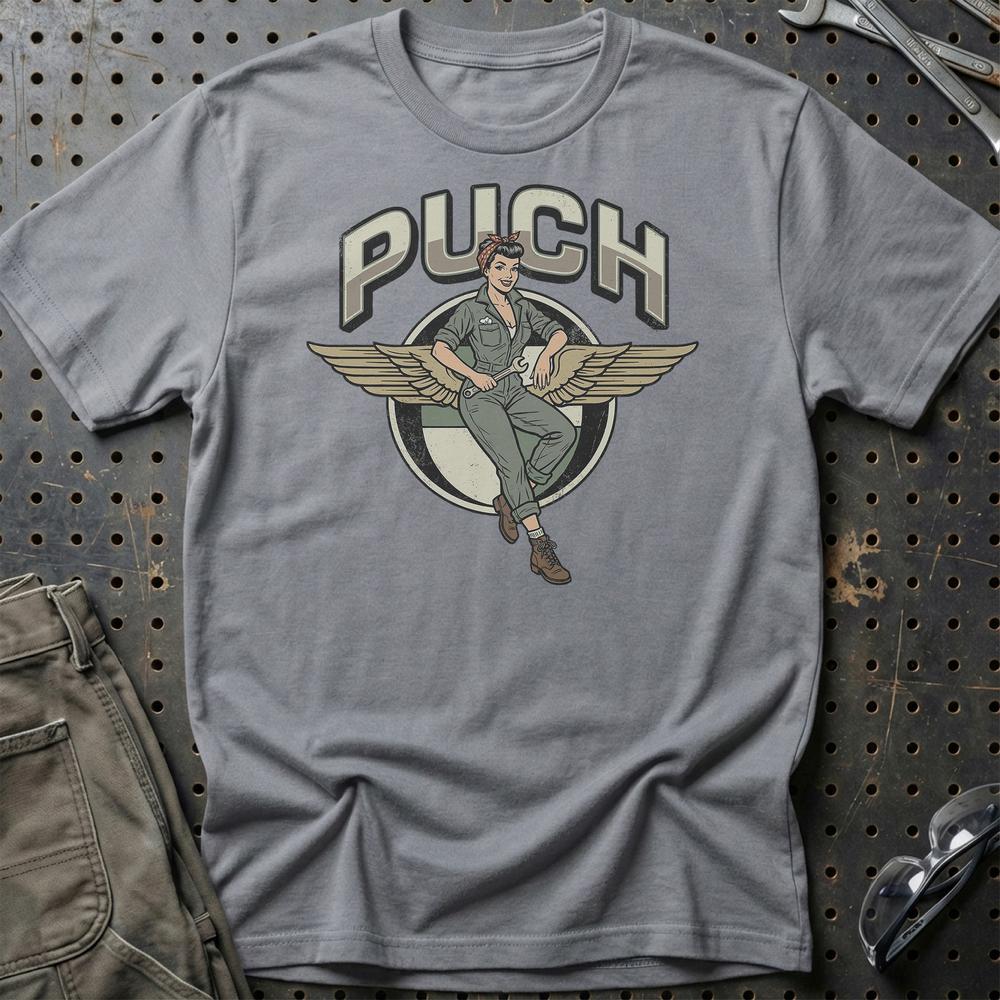 Puch Pinup - Unisex T-Shirt , Bomuld-Beklædning-Puch-Grå Sport-S-Garage Culture Shop- garage - man cave - merchandise