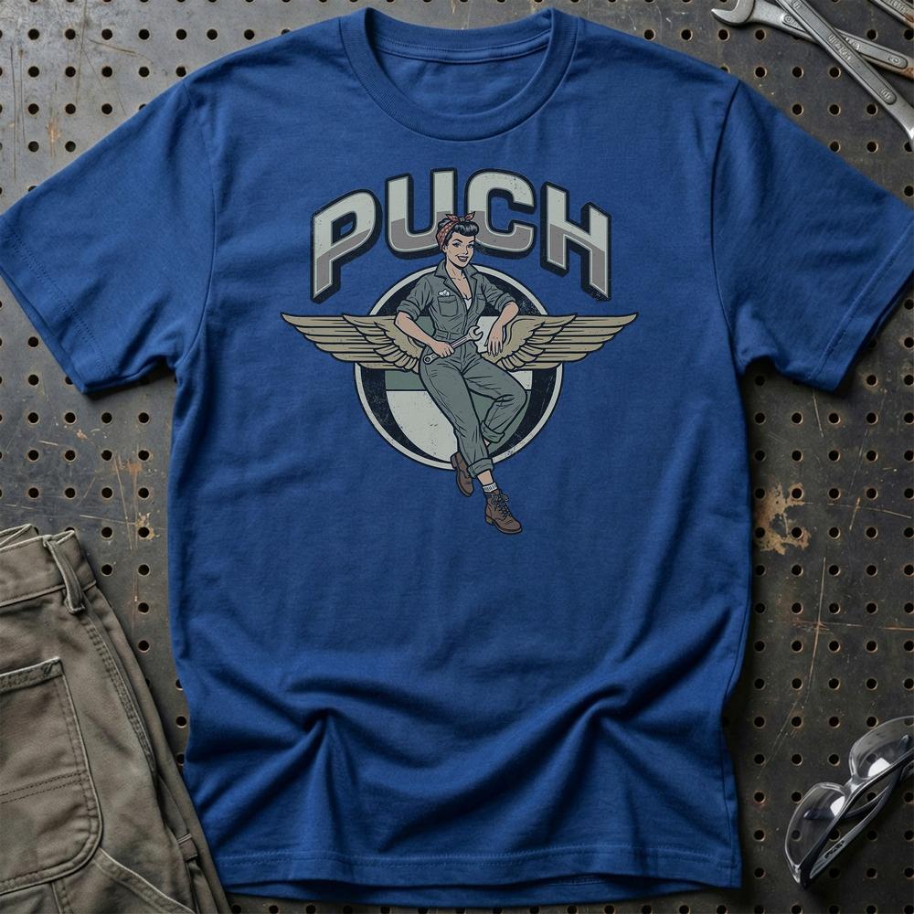 Puch Pinup - Unisex T-Shirt , Bomuld-Beklædning-Puch-Blå Royal-S-Garage Culture Shop- garage - man cave - merchandise