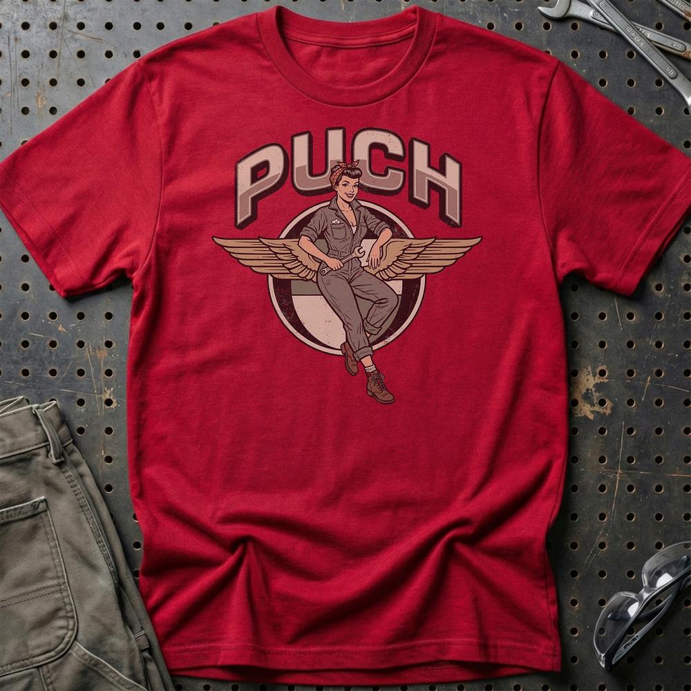 Puch Pinup - Unisex T-Shirt , Bomuld-Beklædning-Puch-Rød-S-Garage Culture Shop- garage - man cave - merchandise