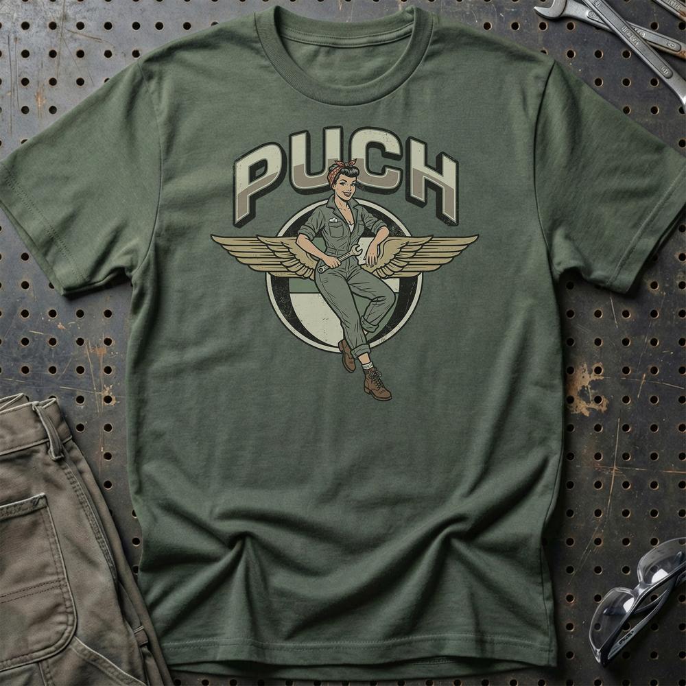 Puch Pinup - Unisex T-Shirt , Bomuld-Beklædning-Puch-Grøn Militær-S-Garage Culture Shop- garage - man cave - merchandise