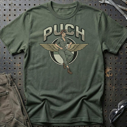 Puch Pinup - Unisex T-Shirt , Bomuld-Beklædning-Puch-Grøn Militær-S-Garage Culture Shop- garage - man cave - merchandise