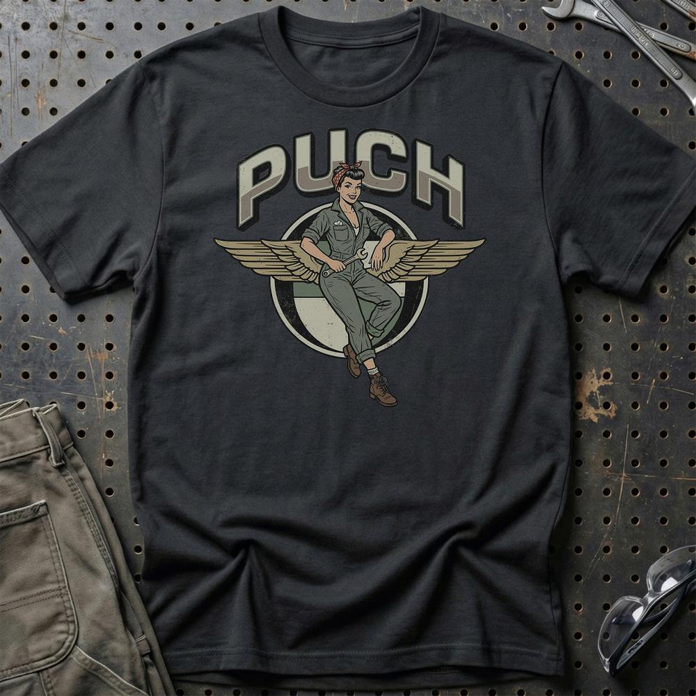 Puch Pinup - Unisex T-Shirt , Bomuld-Beklædning-Puch-Sort-S-Garage Culture Shop- garage - man cave - merchandise
