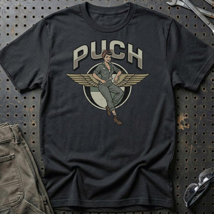 Puch Pinup - Unisex T-Shirt , Bomuld-Beklædning-Puch-Sort-S-Garage Culture Shop- garage - man cave - merchandise