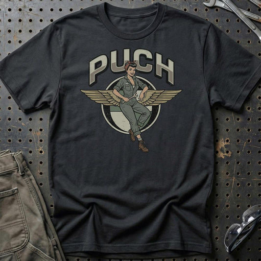 Puch Pinup - Unisex T-Shirt , Bomuld-Beklædning-Puch-Sort-S-Garage Culture Shop- garage - man cave - merchandise