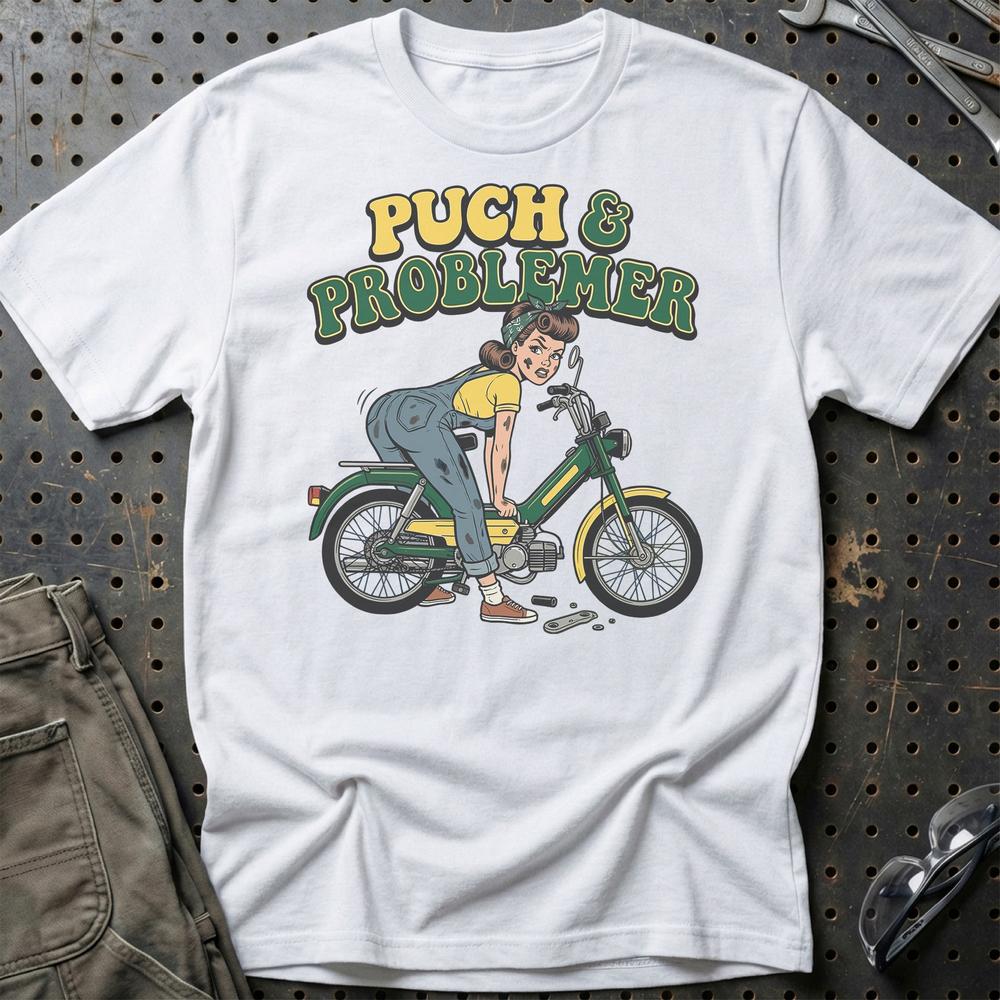 Puch & Problemer - Unisex T-Shirt , Bomuld-Beklædning-Puch-Hvid-S-Garage Culture Shop- garage - man cave - merchandise