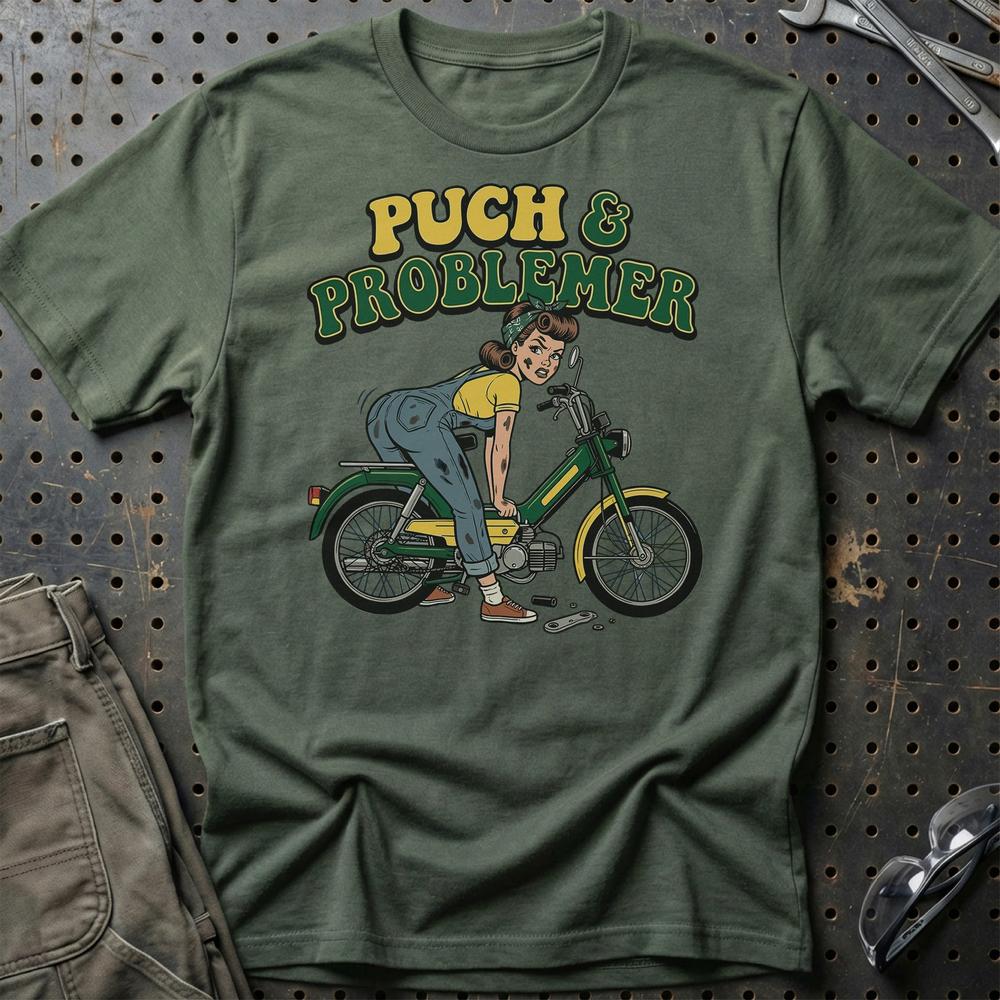 Puch & Problemer - Unisex T-Shirt , Bomuld-Beklædning-Puch-Grøn Militær-S-Garage Culture Shop- garage - man cave - merchandise