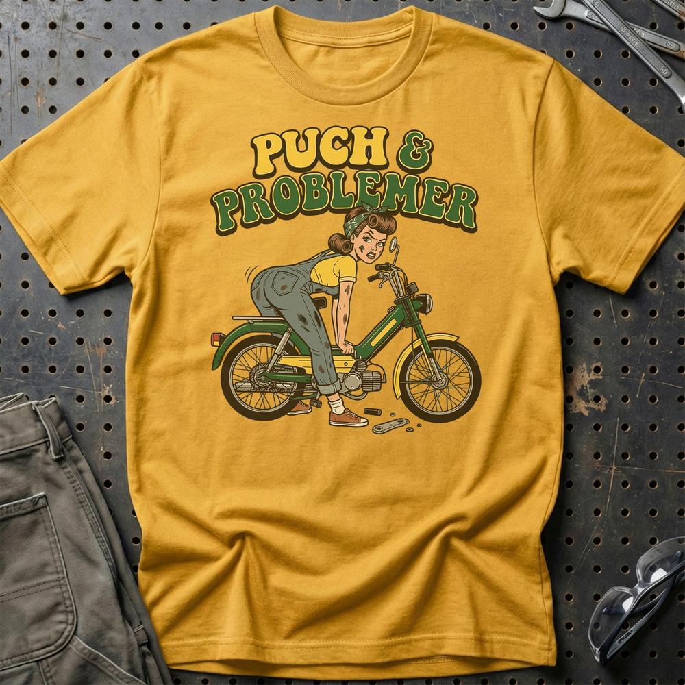 Puch & Problemer - Unisex T-Shirt , Bomuld-Beklædning-Puch-Guld-S-Garage Culture Shop- garage - man cave - merchandise
