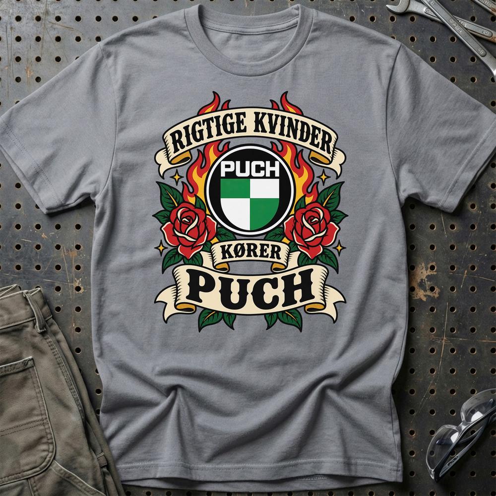 Puch Rigtige Kvinder Kører – Roser og Flammer T-Shirt-Beklædning-Puch-Grå Sport-S-Garage Culture Shop- garage - man cave - merchandise