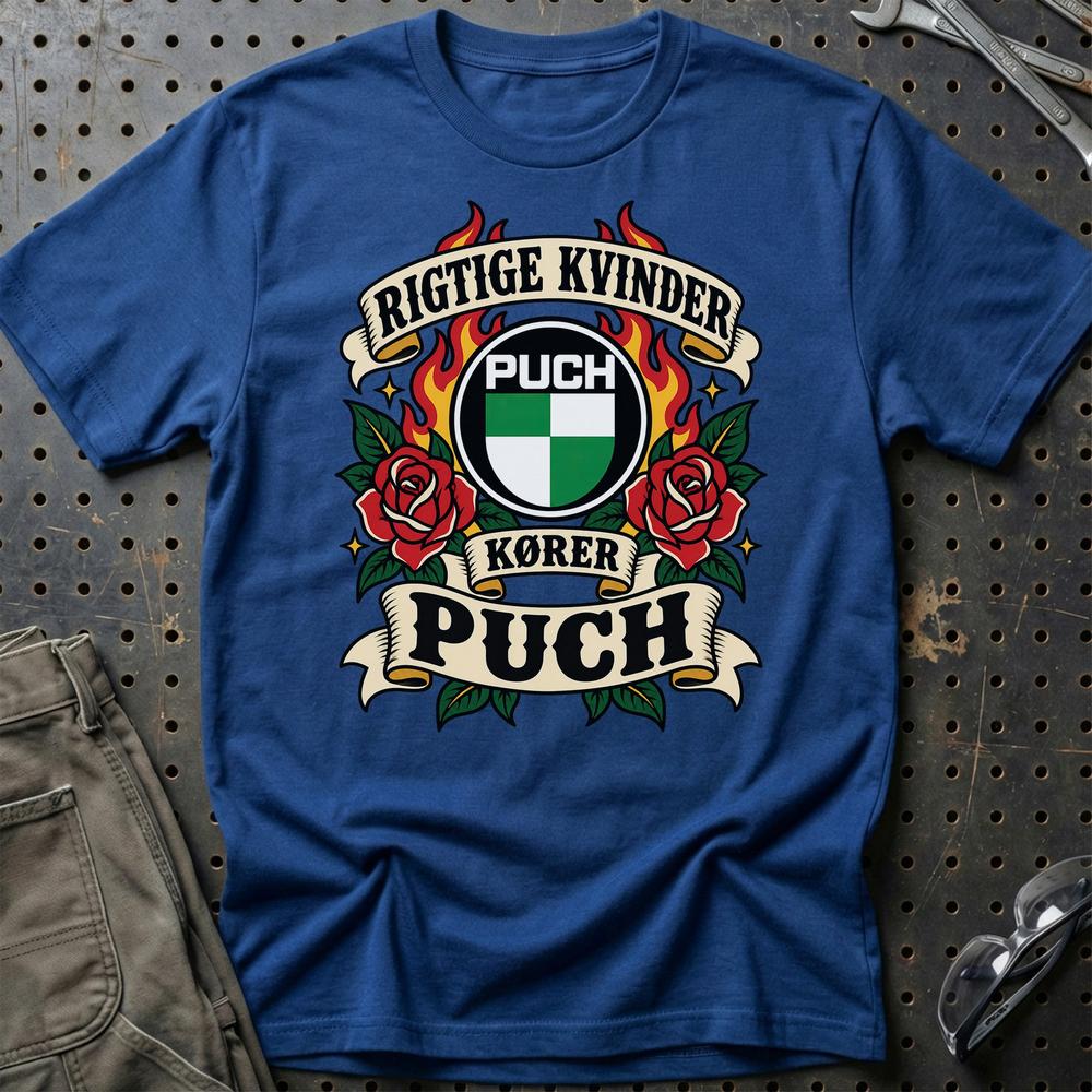 Puch Rigtige Kvinder Kører – Roser og Flammer T-Shirt-Beklædning-Puch-Blå Royal-S-Garage Culture Shop- garage - man cave - merchandise