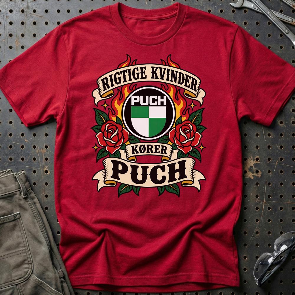 Puch Rigtige Kvinder Kører – Roser og Flammer T-Shirt-Beklædning-Puch-Rød-S-Garage Culture Shop- garage - man cave - merchandise