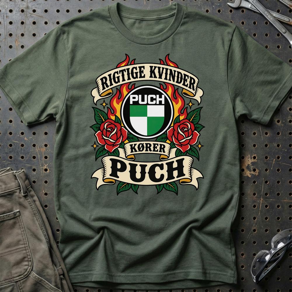 Puch Rigtige Kvinder Kører – Roser og Flammer T-Shirt-Beklædning-Puch-Grøn Militær-S-Garage Culture Shop- garage - man cave - merchandise