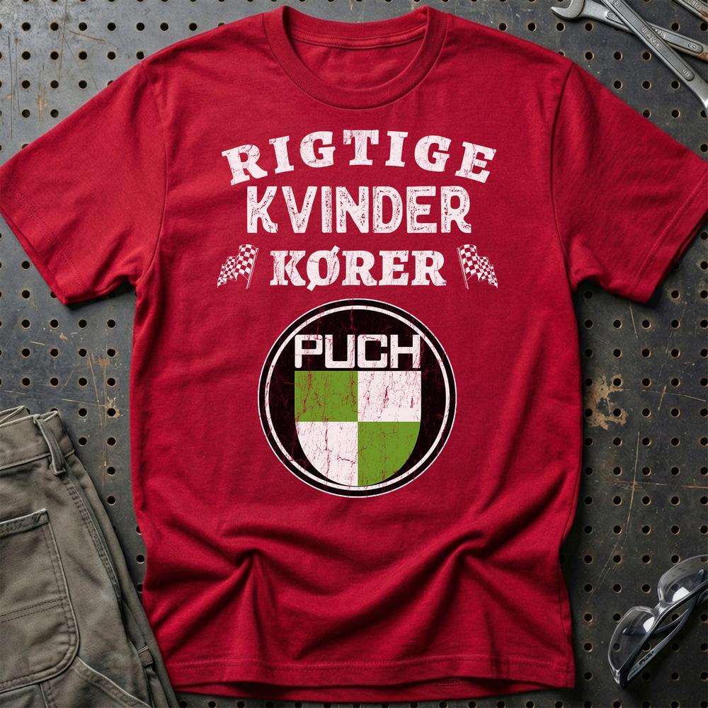 Puch Rigtige Kvinder Kører - Unisex T-Shirt , Bomuld-Beklædning-Puch-Rød-S-Garage Culture Shop- garage - man cave - merchandise