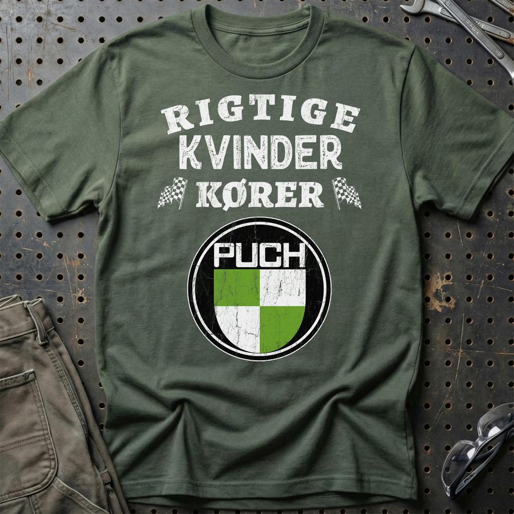 Puch Rigtige Kvinder Kører - Unisex T-Shirt , Bomuld-Beklædning-Puch-Grøn Militær-S-Garage Culture Shop- garage - man cave - merchandise