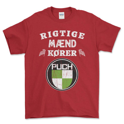 Puch Rigtige Mænd Kører - Unisex T-Shirt , Bomuld-Beklædning-Puch-Rød-S-Forside-Garage Culture Shop- garage - man cave - merchandise