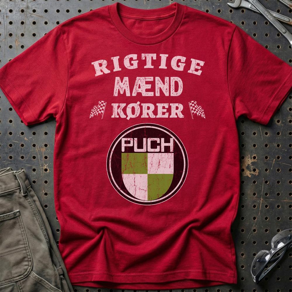 Puch Rigtige Mænd Kører - Unisex T-Shirt , Bomuld-Beklædning-Puch-Rød-S-Garage Culture Shop- garage - man cave - merchandise