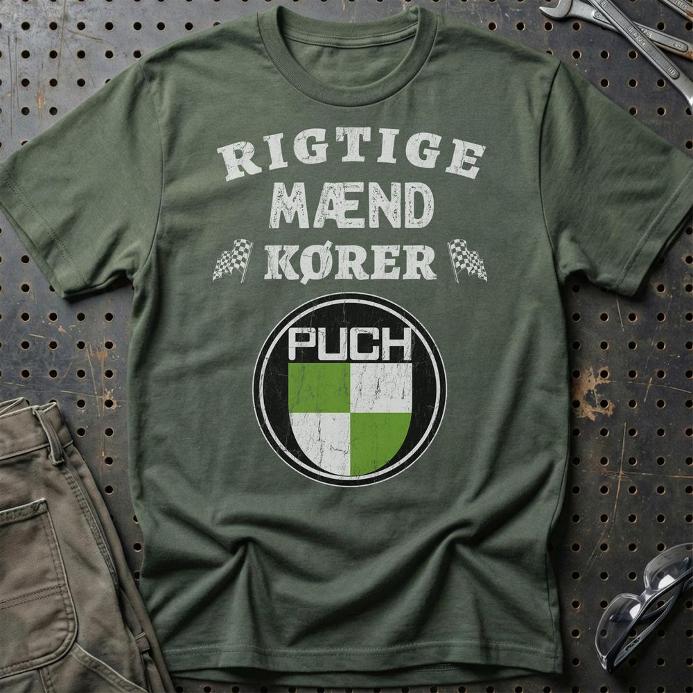 Puch Rigtige Mænd Kører - Unisex T-Shirt , Bomuld-Beklædning-Puch-Grøn Militær-S-Garage Culture Shop- garage - man cave - merchandise