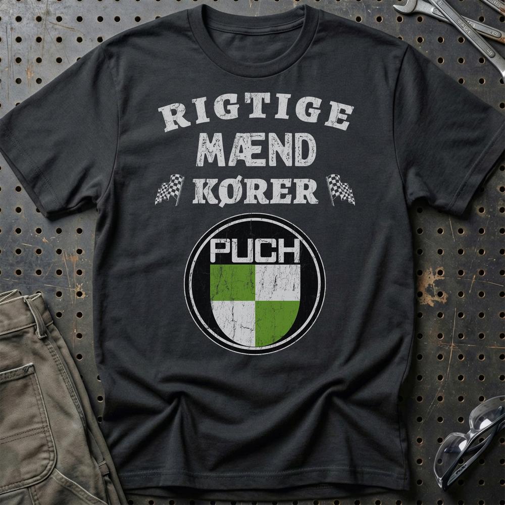 Puch Rigtige Mænd Kører - Unisex T-Shirt , Bomuld-Beklædning-Puch-Sort-S-Garage Culture Shop- garage - man cave - merchandise