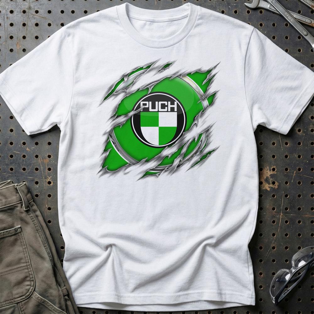 Puch Ripped Unisex T-Shirt , Bomuld-Beklædning-Puch-Hvid-S-Garage Culture Shop- garage - man cave - merchandise