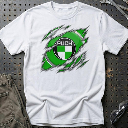 Puch Ripped Unisex T-Shirt , Bomuld-Beklædning-Puch-Hvid-S-Garage Culture Shop- garage - man cave - merchandise