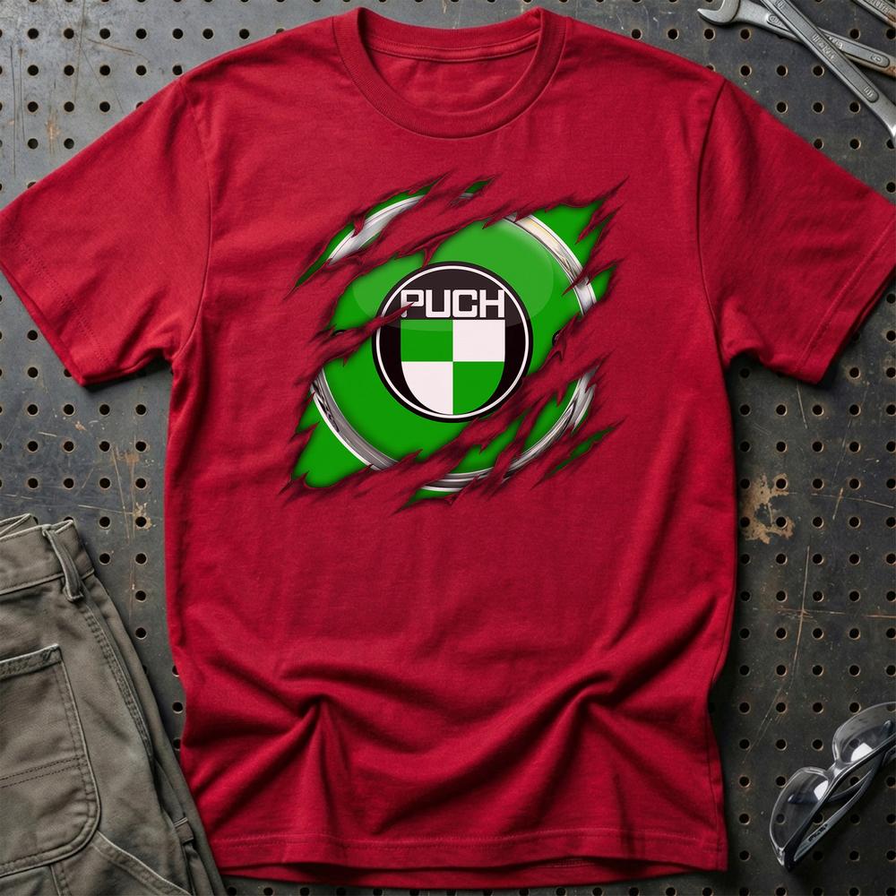 Puch Ripped Unisex T-Shirt , Bomuld-Beklædning-Puch-Rød-S-Garage Culture Shop- garage - man cave - merchandise