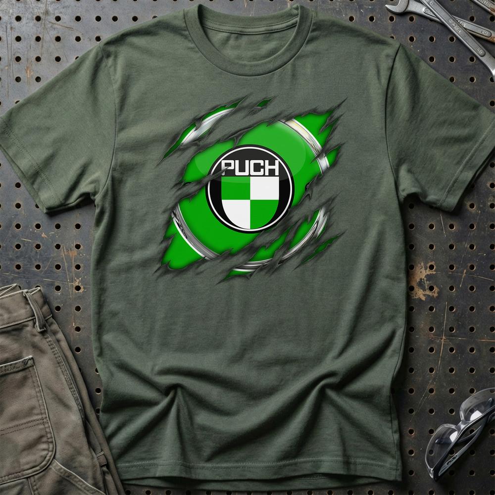Puch Ripped Unisex T-Shirt , Bomuld-Beklædning-Puch-Grøn Militær-S-Garage Culture Shop- garage - man cave - merchandise