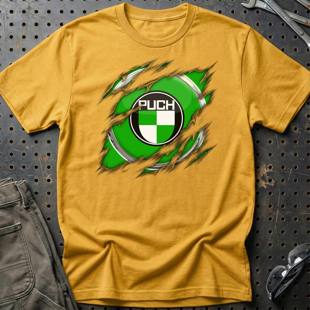 Puch Ripped Unisex T-Shirt , Bomuld-Beklædning-Puch-Guld-S-Garage Culture Shop- garage - man cave - merchandise