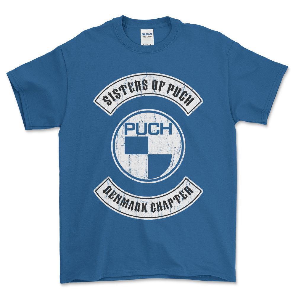 Puch - Sisters Of Puch Denmark Chapter Unisex T-Shirt , Bomuld-Beklædning-Puch-Blå Royal-S-Forside-Garage Culture Shop- garage - man cave - merchandise