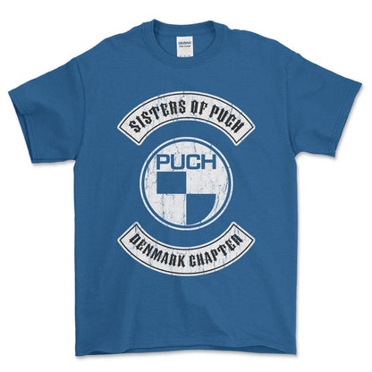 Puch - Sisters Of Puch Denmark Chapter Unisex T-Shirt , Bomuld-Beklædning-Puch-Blå Royal-S-Forside-Garage Culture Shop- garage - man cave - merchandise