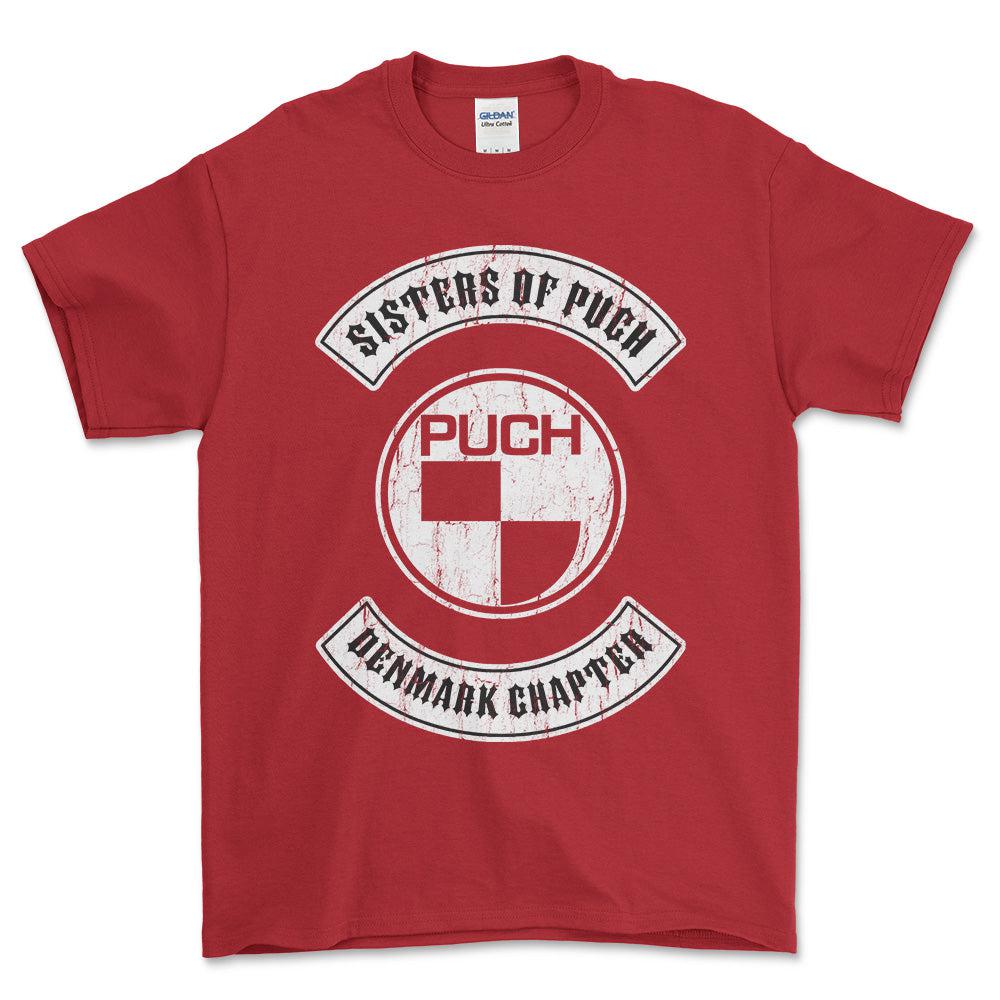 Puch - Sisters Of Puch Denmark Chapter Unisex T-Shirt , Bomuld-Beklædning-Puch-Rød-S-Forside-Garage Culture Shop- garage - man cave - merchandise