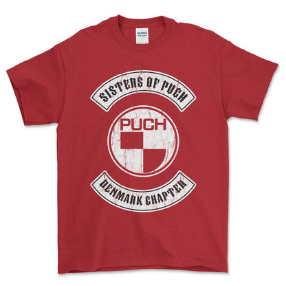 Puch - Sisters Of Puch Denmark Chapter Unisex T-Shirt , Bomuld-Beklædning-Puch-Rød-S-Forside-Garage Culture Shop- garage - man cave - merchandise