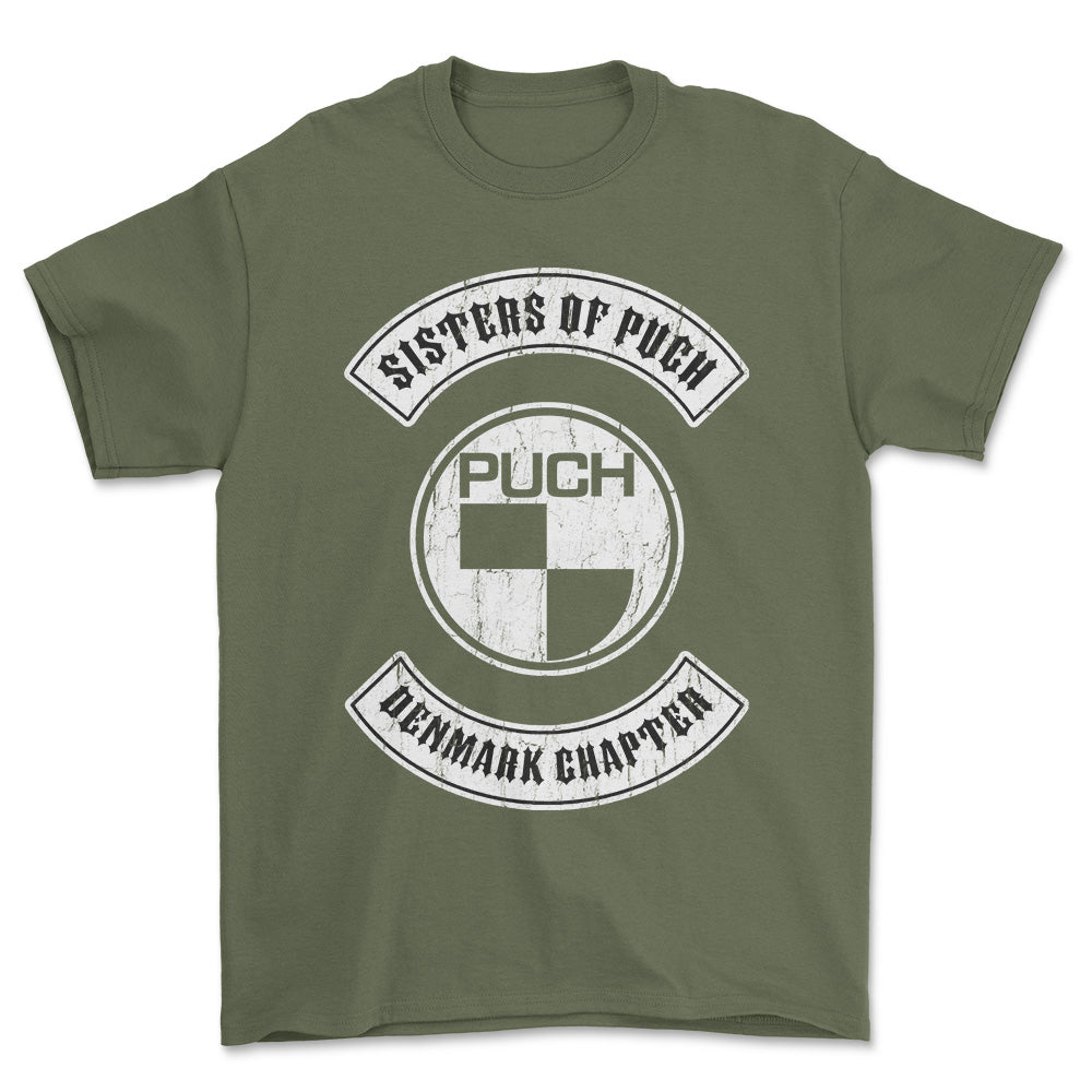 Puch - Sisters Of Puch Denmark Chapter Unisex T-Shirt , Bomuld-Beklædning-Puch-Grøn Militær-S-Forside-Garage Culture Shop- garage - man cave - merchandise
