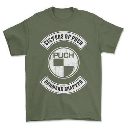Puch - Sisters Of Puch Denmark Chapter Unisex T-Shirt , Bomuld-Beklædning-Puch-Grøn Militær-S-Forside-Garage Culture Shop- garage - man cave - merchandise