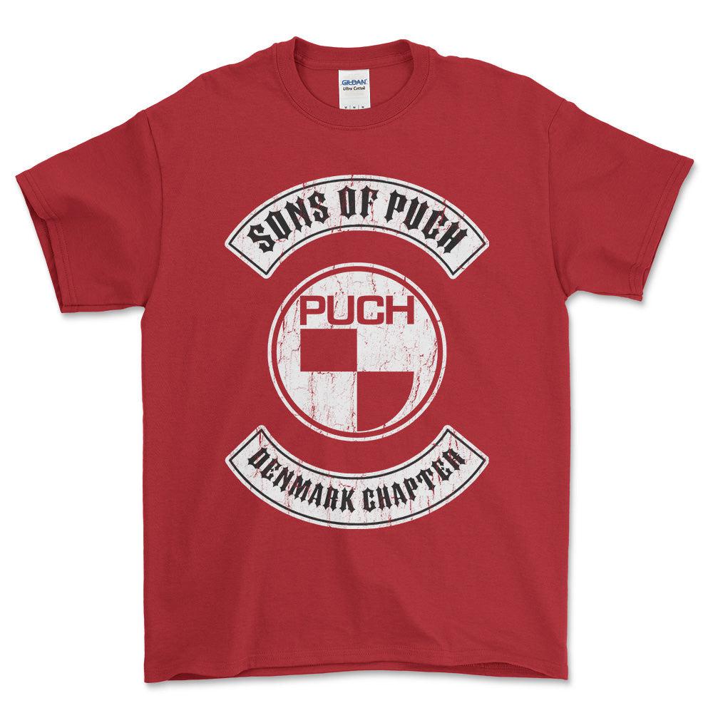 Puch - Sons Of Puch Denmark Chapter Unisex T-Shirt , Bomuld-Beklædning-Puch-Rød-S-Garage Culture Shop- garage - man cave - merchandise