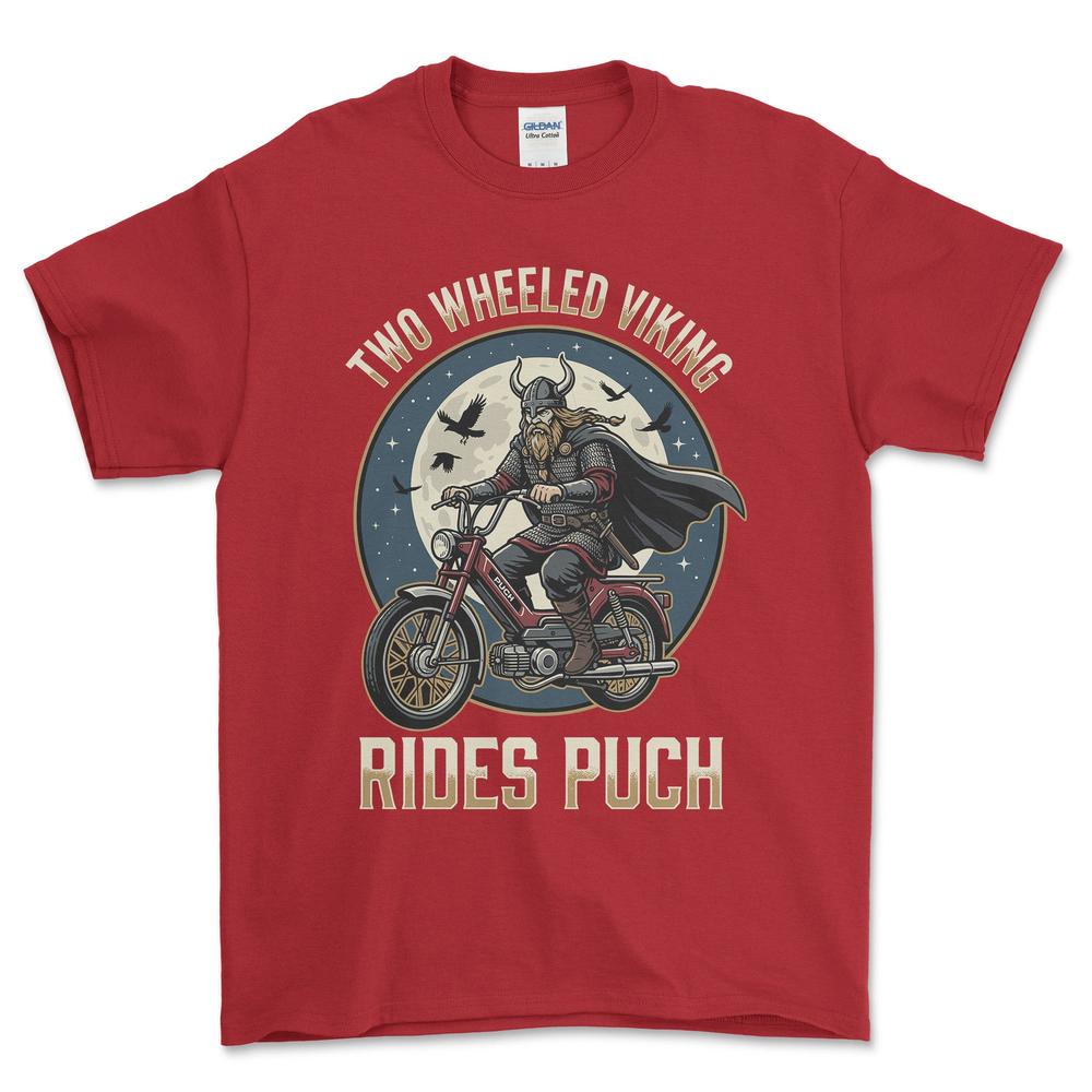 Puch Two Wheeled Viking Rides Puch T-Shirt-Beklædning-Puch-Rød-S-Garage Culture Shop- garage - man cave - merchandise