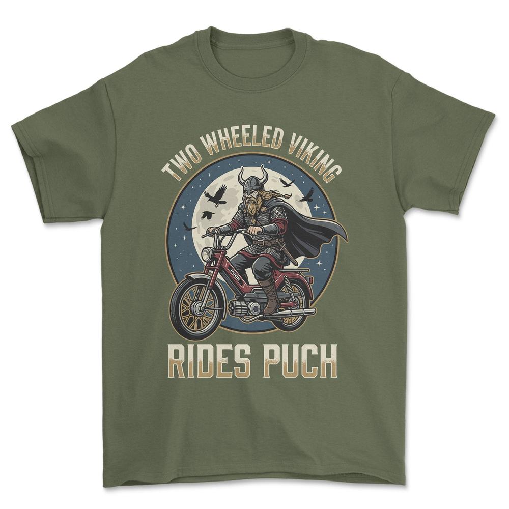 Puch Two Wheeled Viking Rides Puch T-Shirt-Beklædning-Puch-Grøn Militær-S-Garage Culture Shop- garage - man cave - merchandise