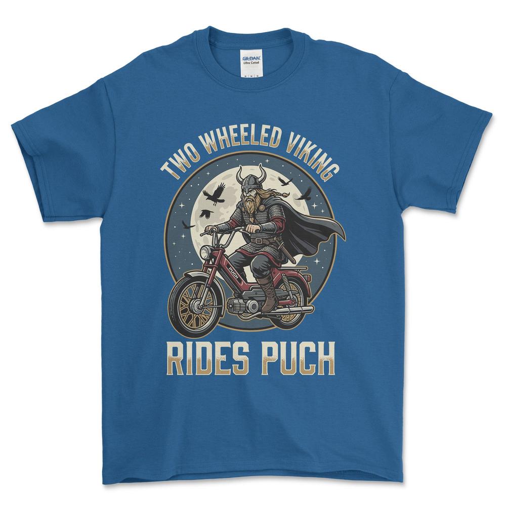 Puch Two Wheeled Viking Rides Puch - Unisex T-Shirt , Bomuld-Beklædning-Puch-Blå Royal-S-Forside-Garage Culture Shop- garage - man cave - merchandise