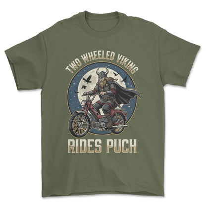 Puch Two Wheeled Viking Rides Puch - Unisex T-Shirt , Bomuld-Beklædning-Puch-Grøn Militær-S-Forside-Garage Culture Shop- garage - man cave - merchandise