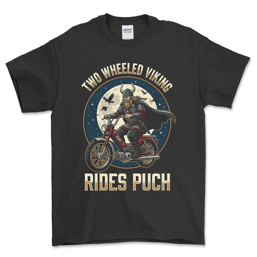 Puch Two Wheeled Viking Rides Puch - Unisex T-Shirt , Bomuld-Beklædning-Puch-Sort-S-Forside-Garage Culture Shop- garage - man cave - merchandise