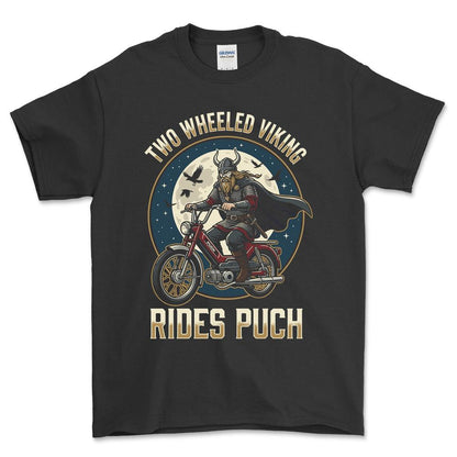 Puch Two Wheeled Viking Rides Puch - Unisex T-Shirt , Bomuld-Beklædning-Puch-Sort-S-Forside-Garage Culture Shop- garage - man cave - merchandise