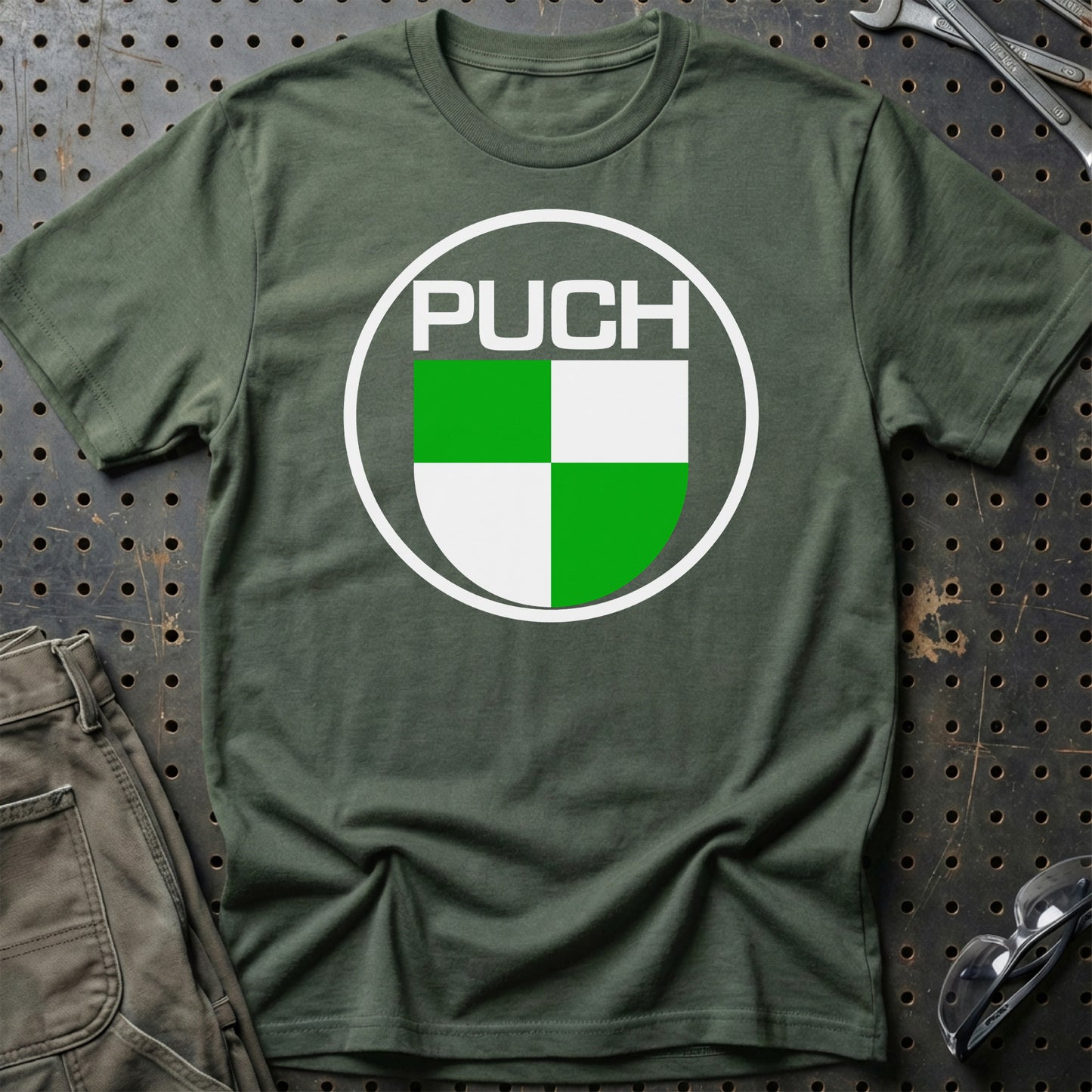 Puch Unisex T-Shirt , Bomuld-Beklædning-Puch-Grøn Militær-S-Garage Culture Shop- garage - man cave - merchandise