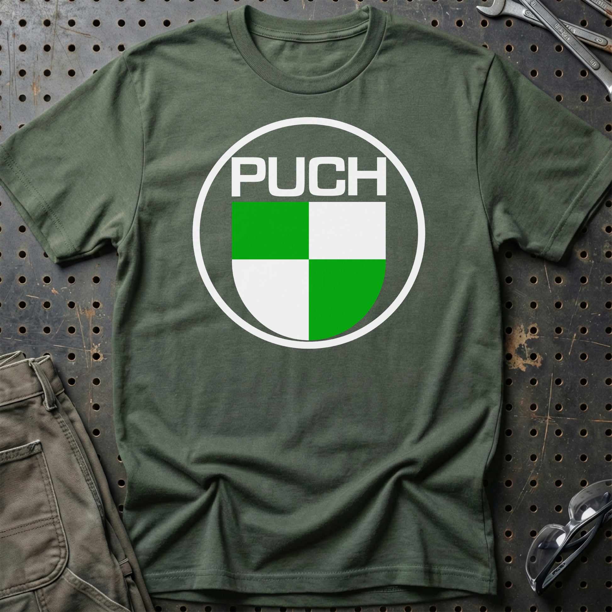 Puch Unisex T-Shirt , Bomuld-Beklædning-Puch-Grøn Militær-S-Garage Culture Shop- garage - man cave - merchandise