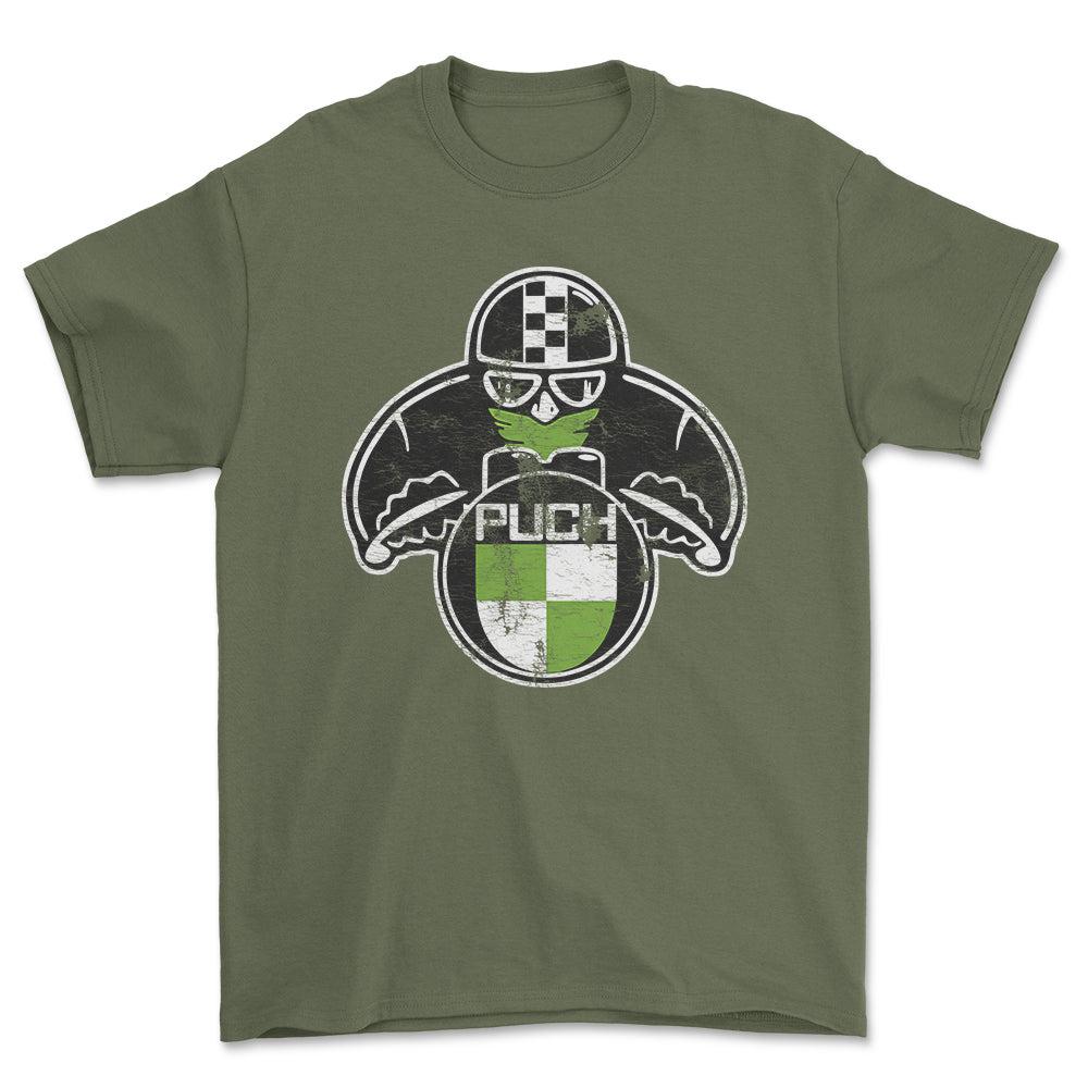 Puch Vintage Style Unisex T-Shirt , Bomuld-Beklædning-Puch-Grøn Militær-S-Forside-Garage Culture Shop- garage - man cave - merchandise