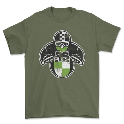 Puch Vintage Style Unisex T-Shirt , Bomuld-Beklædning-Puch-Grøn Militær-S-Forside-Garage Culture Shop- garage - man cave - merchandise