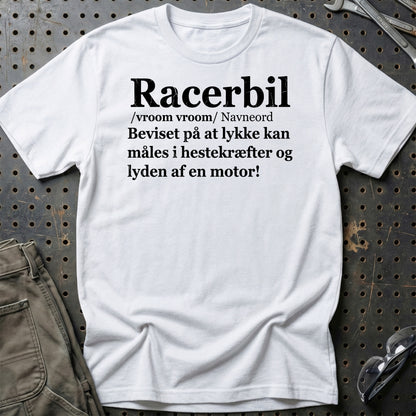 Racerbil – Dansk Definition for Ægte Bilentusiaster - Unisex T-Shirt , Bomuld-Beklædning-Garage Culture-Hvid-S-Garage Culture Shop- garage - man cave - merchandise