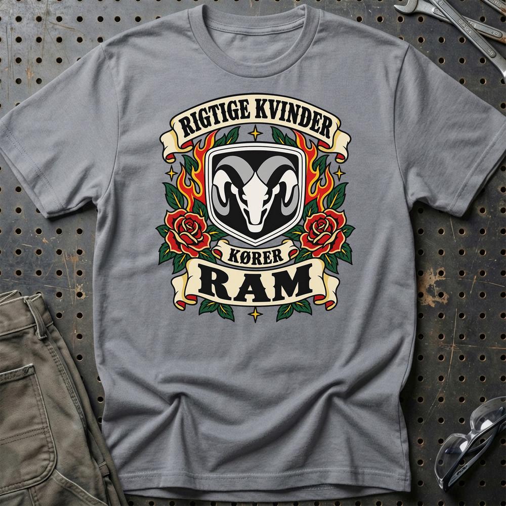 Ram Rigtige Kvinder Kører – Roser og Flammer T-Shirt-Beklædning-Ram-Grå Sport-S-Garage Culture Shop- garage - man cave - merchandise