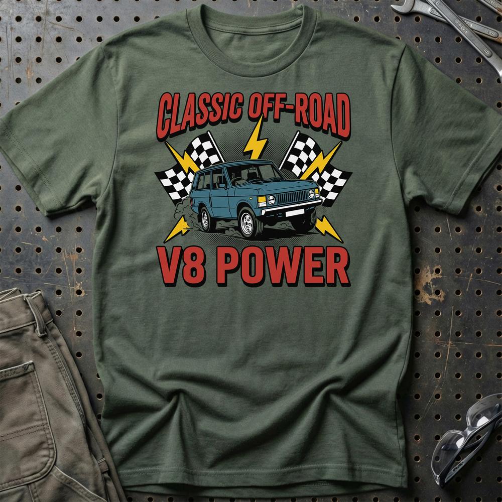 Range Rover Classic V8 Power Off-Road - Unisex T-Shirt , Bomuld-Beklædning-Range Rover-Grøn Militær-S-Garage Culture Shop- garage - man cave - merchandise