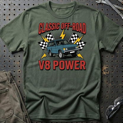 Range Rover Classic V8 Power Off-Road - Unisex T-Shirt , Bomuld-Beklædning-Range Rover-Grøn Militær-S-Garage Culture Shop- garage - man cave - merchandise