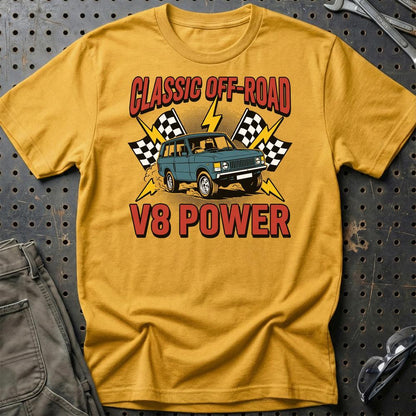 Range Rover Classic V8 Power Off-Road - Unisex T-Shirt , Bomuld-Beklædning-Range Rover-Guld-S-Garage Culture Shop- garage - man cave - merchandise