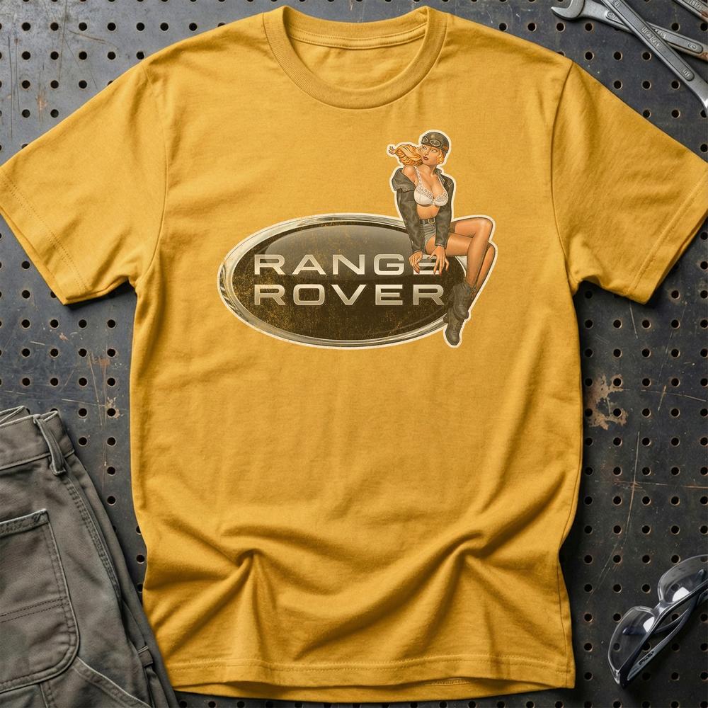 Range Rover Pinup - Unisex T-Shirt , Bomuld-Beklædning-Range Rover-Guld-S-Garage Culture Shop- garage - man cave - merchandise