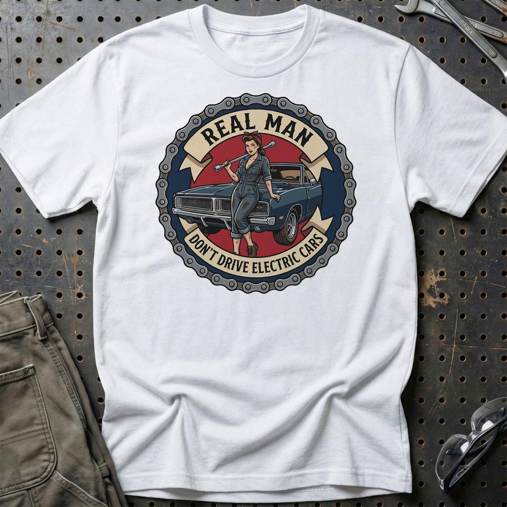 Real Man Don't Drive Electric Cars T-Shirt-Beklædning-Garage Culture-Hvid-S-Garage Culture Shop- garage - man cave - merchandise